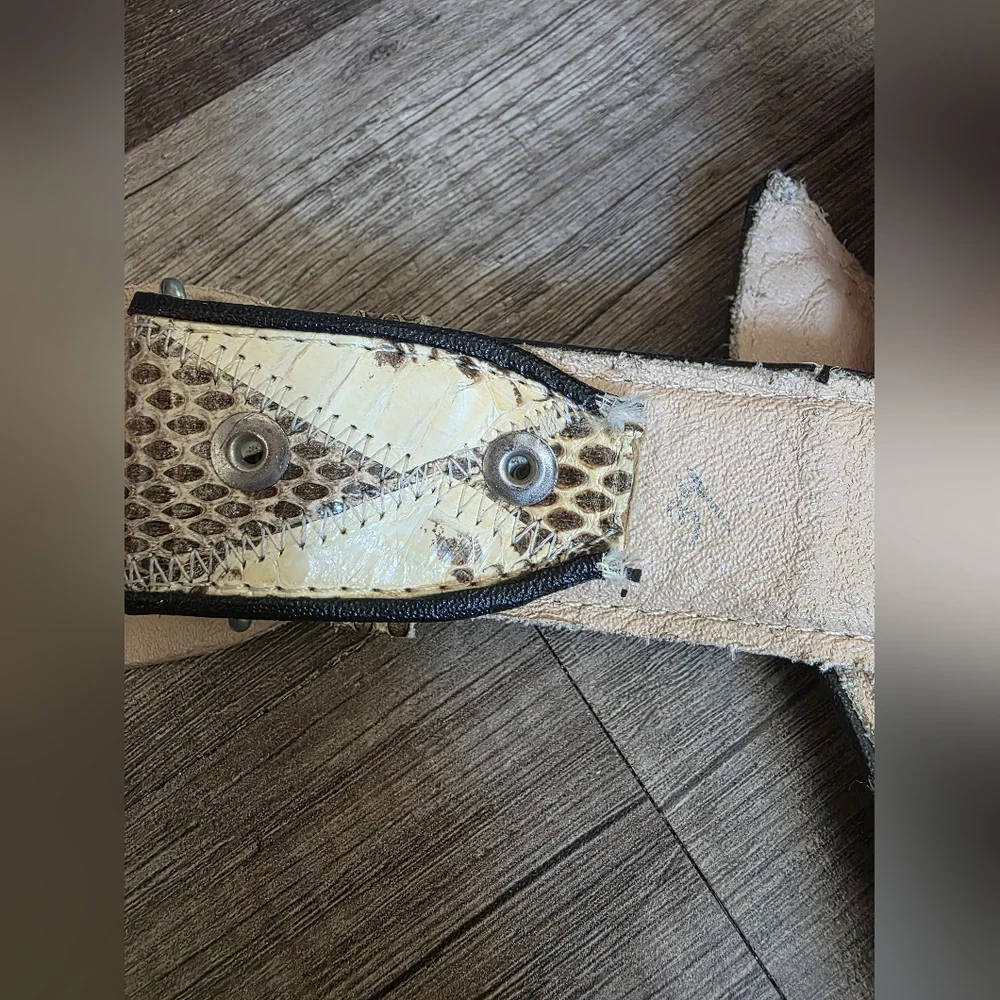 Artisan White and Brown Snakeskin Leather Belt with Oval Buckle